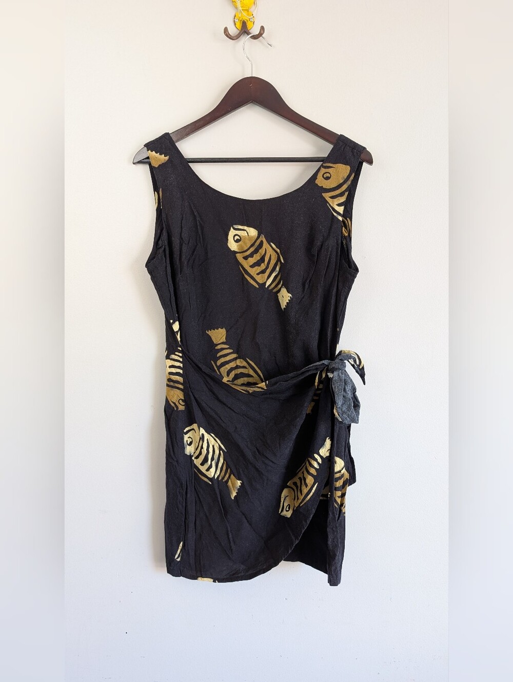 Vintage Mango Moon Hawaii Fish Print Black Rayon Mini Dress, Faux Wrap, Size L